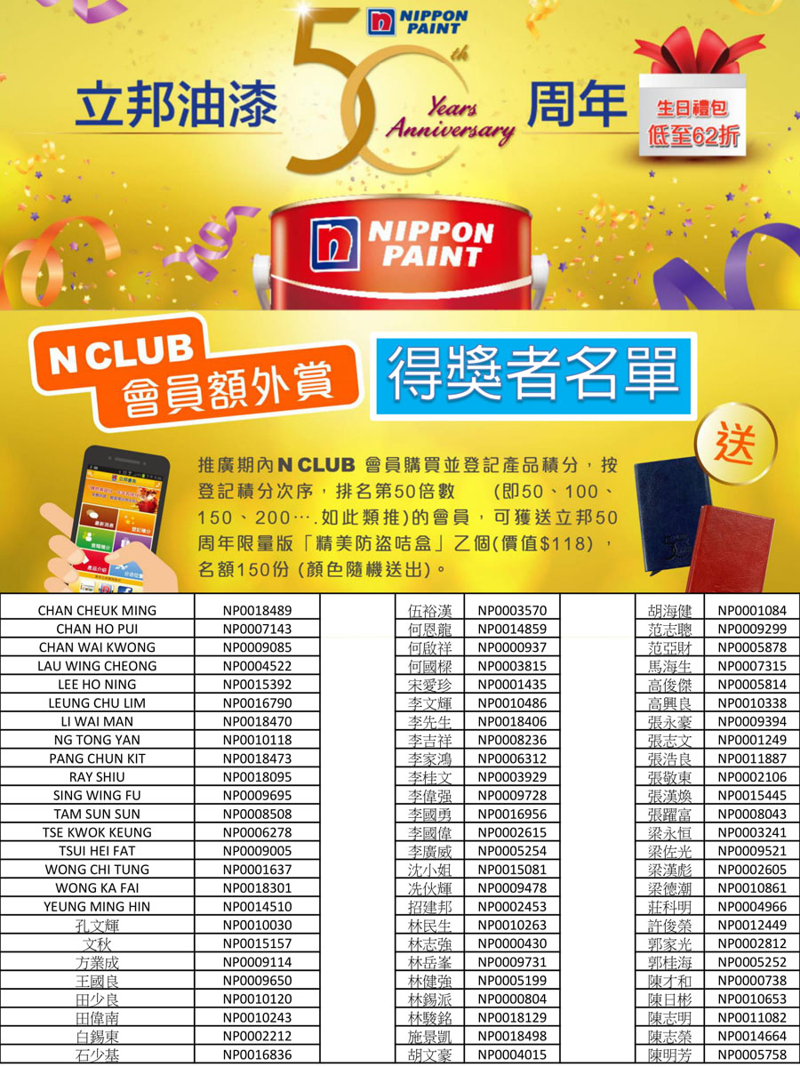 Nippon Paint Hong Kong 50th Anniversary edition card holder winner list